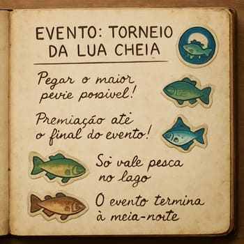 Página de caderno com anotações curtas de evento e setas, estética de álbum de figurinhas