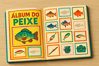 Capa de álbum aberta com páginas e figurinhas, sensação de coleção pronta para começar