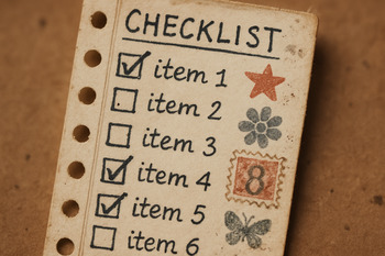Tira de checklist em caderno com marcas e carimbos, estilo álbum de figurinhas