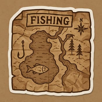 Mapa dobrado em papel kraft com vincos e marcas de lápis, estilo guia de álbum