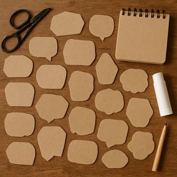Mesa em papel kraft com recortes, fita e textura de álbum, como página em construção