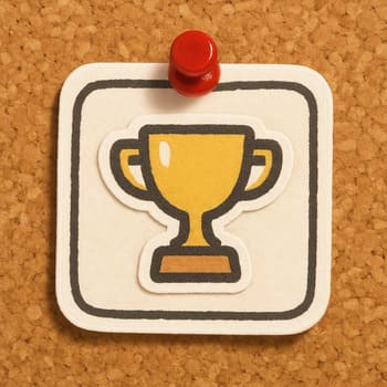 Pequeno troféu e nota de papel com escrita curta, como registro de torneio no álbum