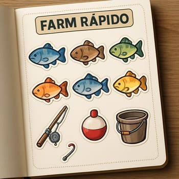 Página de álbum para farm rápido com recortes, setas e sensação de fichário usado