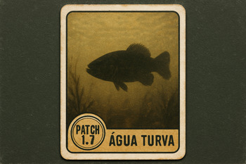 Cartaz de patch 1.7 com água turva e textura de papel, estilo álbum de figurinhas