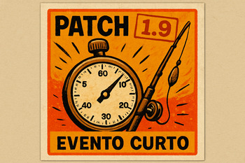 Cartaz de patch 1.9 sobre evento curto com marcações rápidas e carimbos, estilo álbum