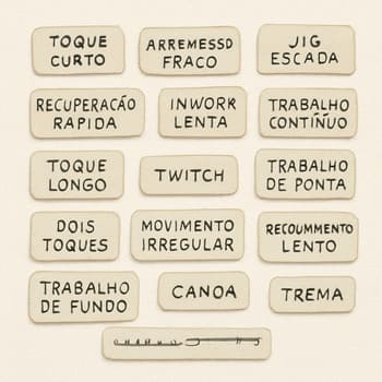 Rótulos de micro-gestos em papel com linhas e setas, como página de glossário