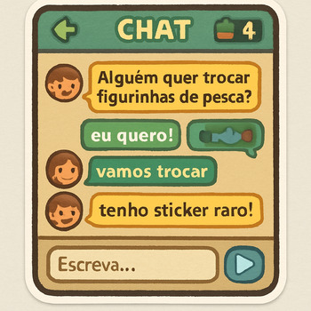 Tela de mensagens de troca com tom amigável e objetivo, representada como selo recortado